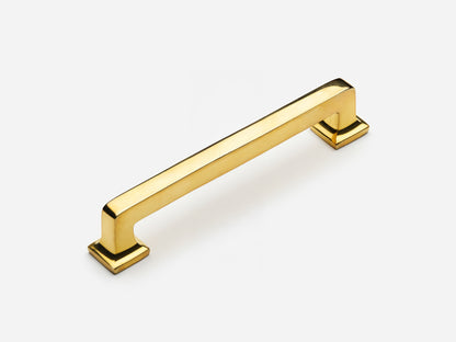 Solid brass Promontory drawer pull, 6 inches, in an unlacquered polished brass finish for cabinets.