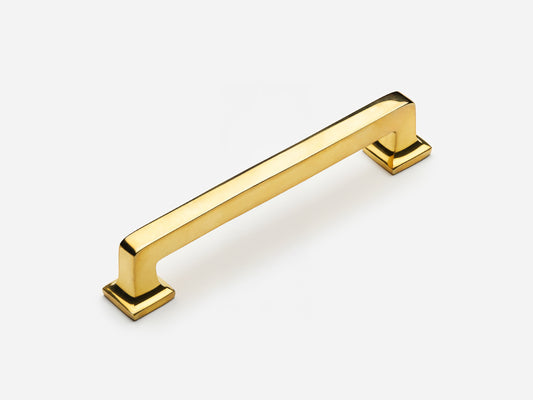 Solid brass Promontory drawer pull, 6 inches, in an unlacquered polished brass finish for cabinets.