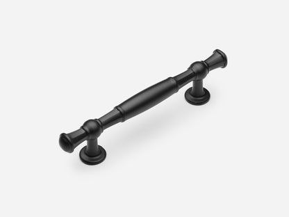 Solid brass Windsor drawer pull, 4 inches, in a matte black finish for cabinets.