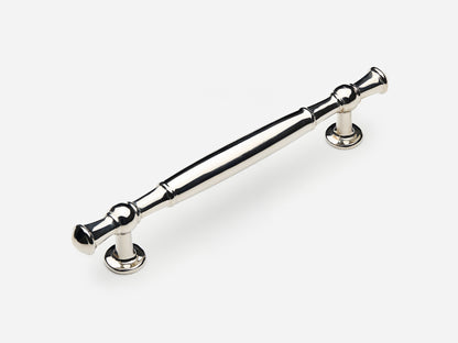 Solid brass Windsor drawer pull, 6 inches, in a polished nickel finish for cabinets.