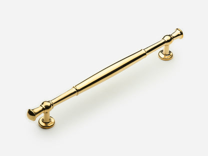 Solid brass Windsor drawer pull, 8 inches, in an unlacquered polished brass finish for cabinets.