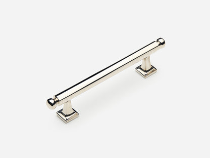 Solid brass Wright drawer pull, 4 inches, in a polished nickel finish for cabinets.