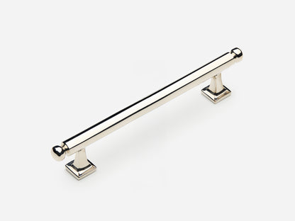 Solid brass Wright drawer pull, 6 inches, in a polished nickel finish for cabinets.