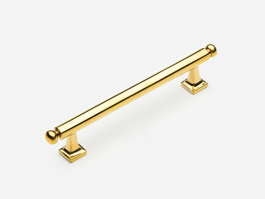 Solid brass Wright drawer pull, 6 inches, in an unlacquered polished brass finish for cabinets.