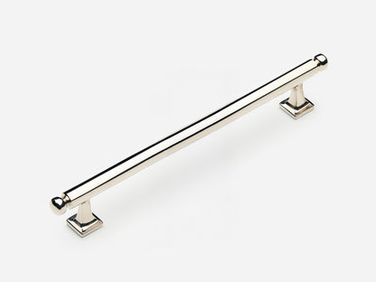 Solid brass Wright drawer pull, 8 inches, in a polished nickel finish for cabinets.