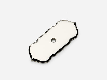 Solid brass France backplate, 1x2.5 inches, in a polished nickel finish for knobs on cabinets.