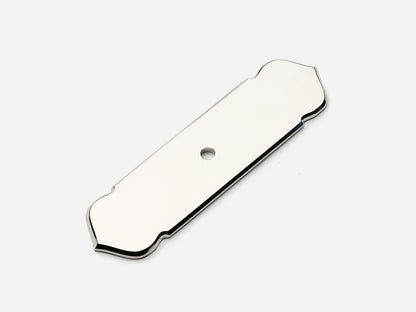 Solid brass France backplate, 1x4 inches, in a polished nickel finish for knobs on cabinets.