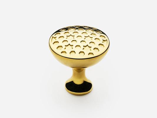 Solid brass France Knob, standard size, in an unlacquered polished brass finish for cabinets.