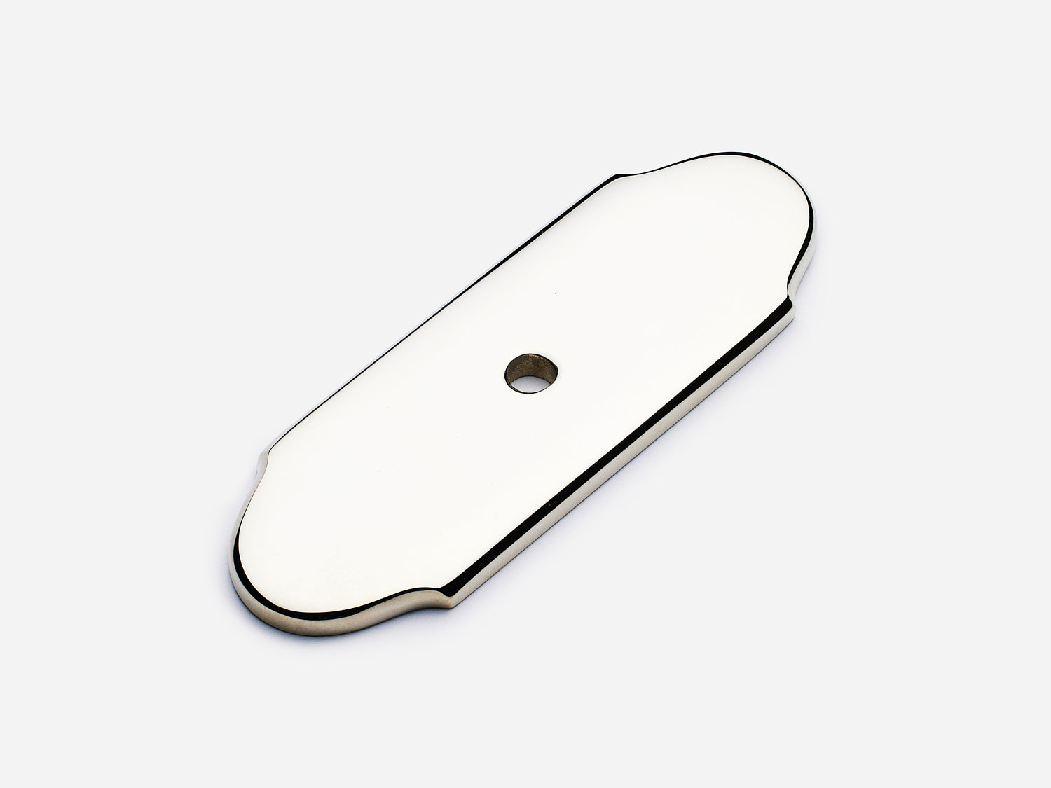 Solid brass Hampton backplate, 1x3 inches, polished nickel finish for knobs and pulls on cabinets.