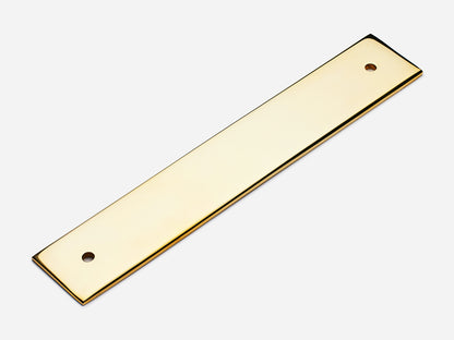 Solid brass Rectangular Backplate with holes 12 inches on center in a polished unlacquered brass finish.