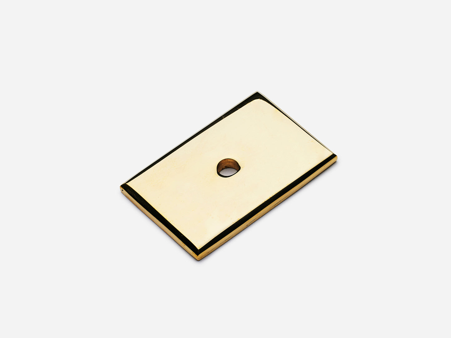 Solid brass rectangular backplate, 1x1.5 inches, unlacquered polished brass finish for knobs and pulls on cabinets.