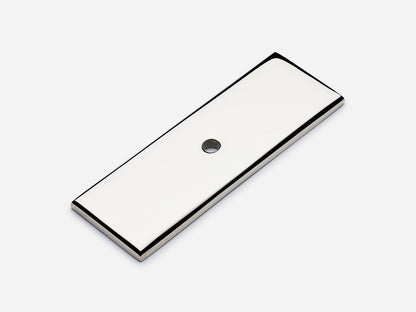 Solid brass rectangular backplate, 1x3 inches, polished nickel finish for knobs and pulls on cabinets.