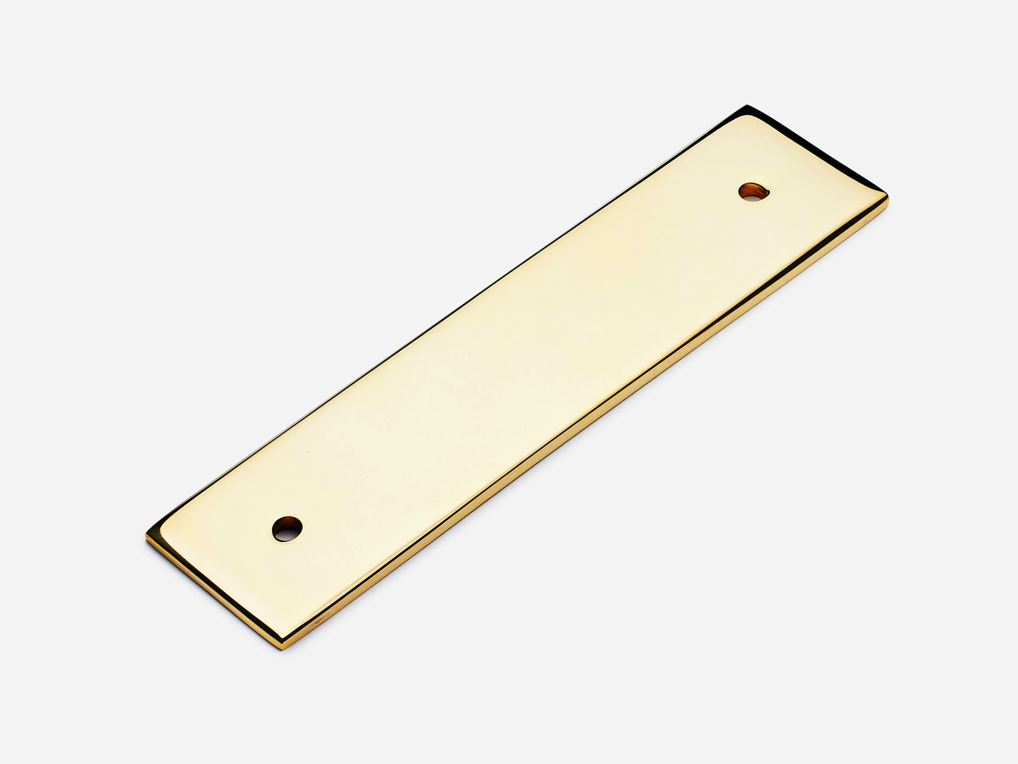 Solid brass Rectangular Backplate with holes 4 inches on center in a polished unlacquered brass finish.