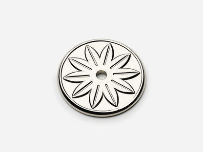 Solid brass Starflower backplate, 1.75 inches, in a polished nickel finish for knobs on cabinets.