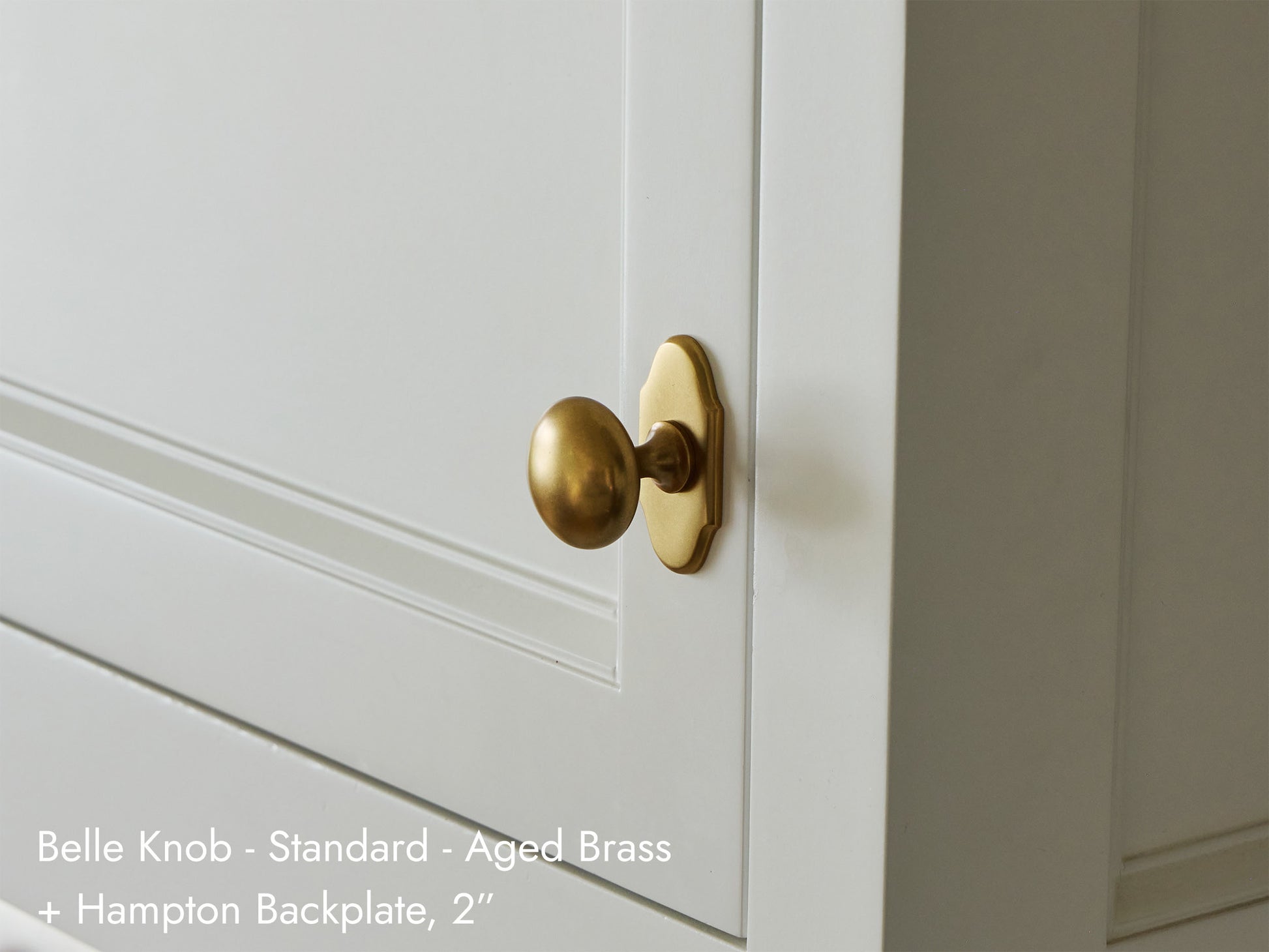 Solid brass Belle Knob with 2 inch Hampton Backplate in aged brass.