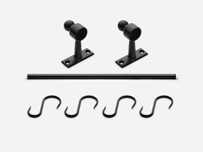Solid brass Campaign hanging pot rail, 2 feet, in a matte black finish for kitchens.