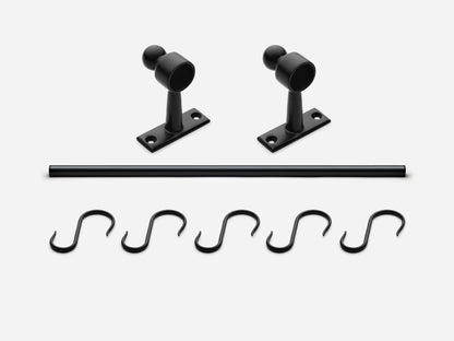 Solid brass Campaign hanging pot rail, 3 feet, in a matte black finish for kitchens.