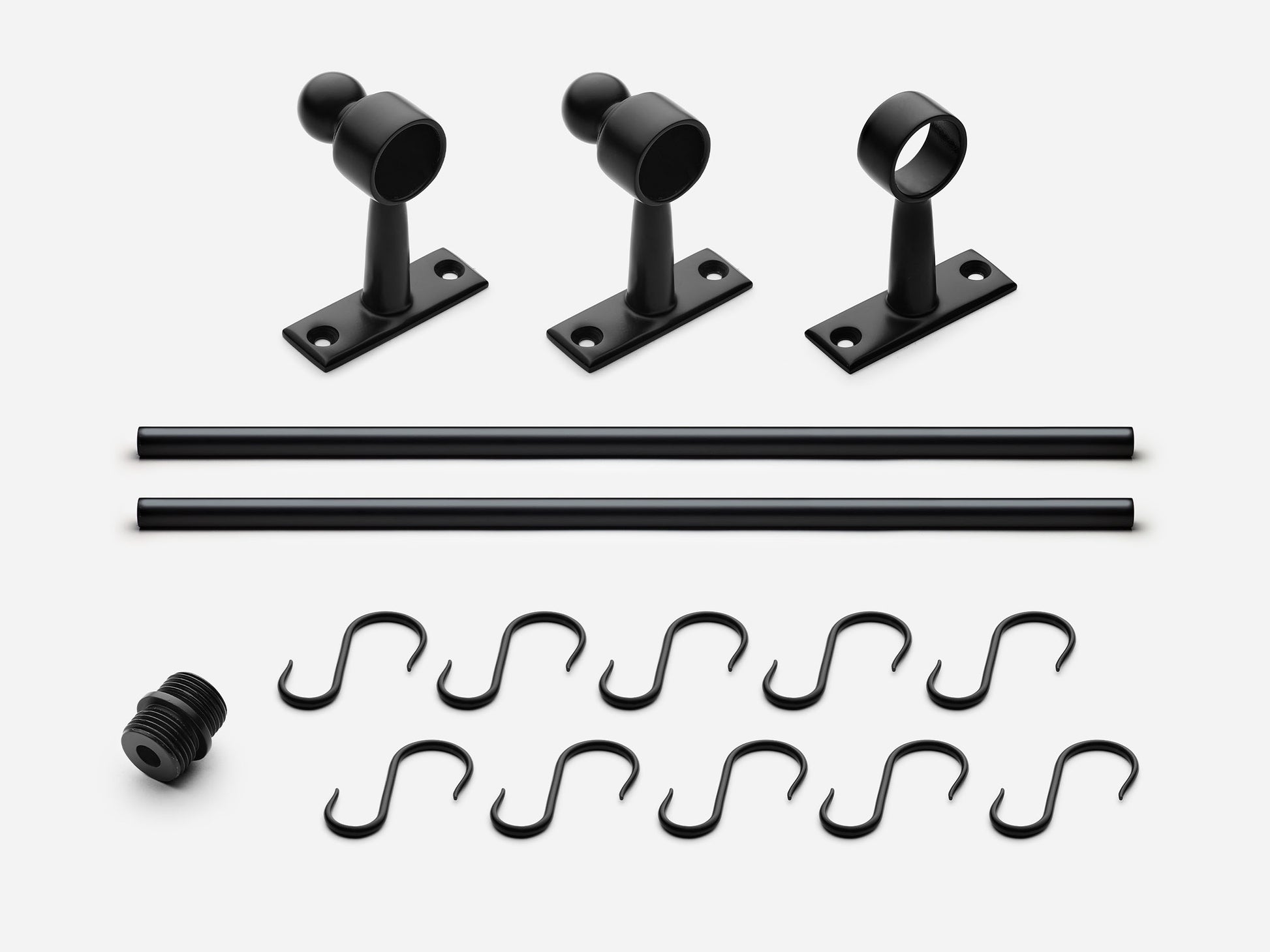 Solid brass Campaign hanging pot rail, 6 feet, in a matte black finish for kitchens.