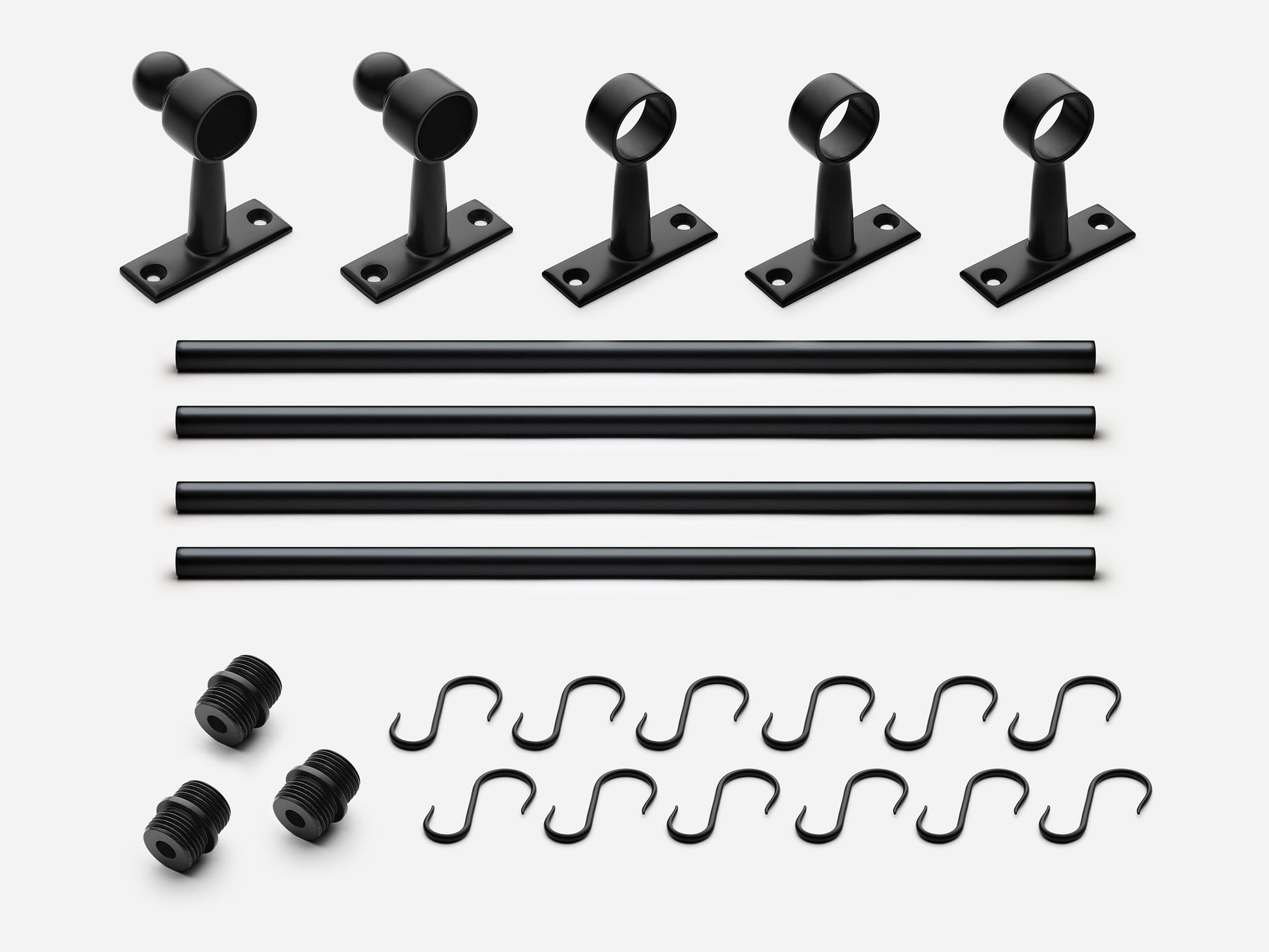 Solid brass Campaign hanging pot rail, 8 feet, in a matte black finish for kitchens.