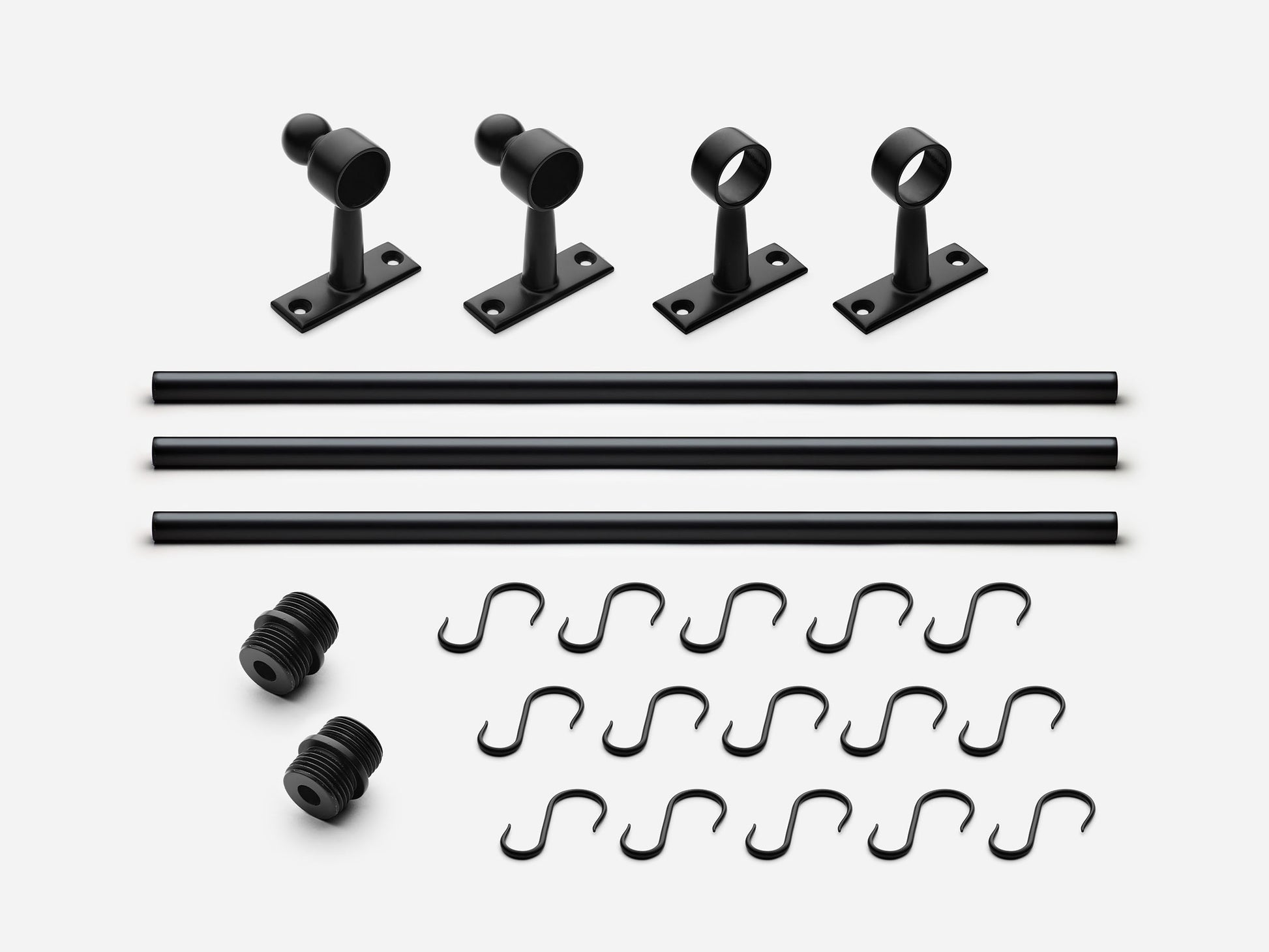 Solid brass Campaign hanging pot rail, 9 feet, in a matte black finish for kitchens.