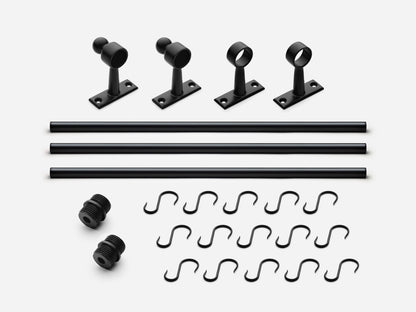 Solid brass Campaign hanging pot rail, 9 feet, in a matte black finish for kitchens.