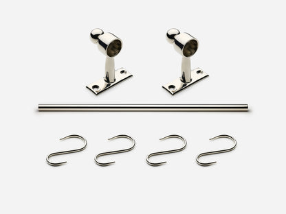 Solid brass Campaign hanging pot rail, 2 feet, in a polished nickel finish for kitchens.