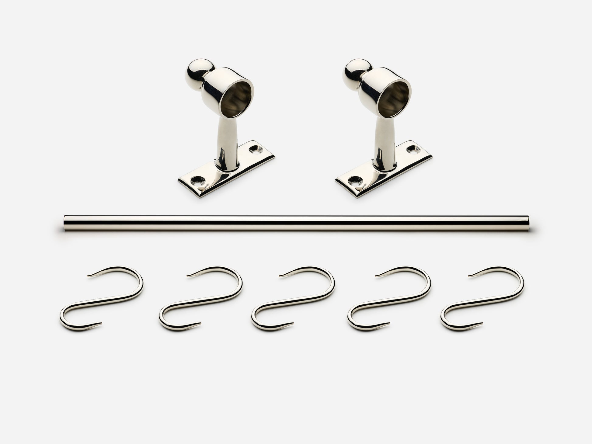 Solid brass Campaign hanging pot rail, 3 feet, in a polished nickel finish for kitchens.