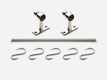 Solid brass Campaign hanging pot rail, 3 feet, in a polished nickel finish for kitchens.