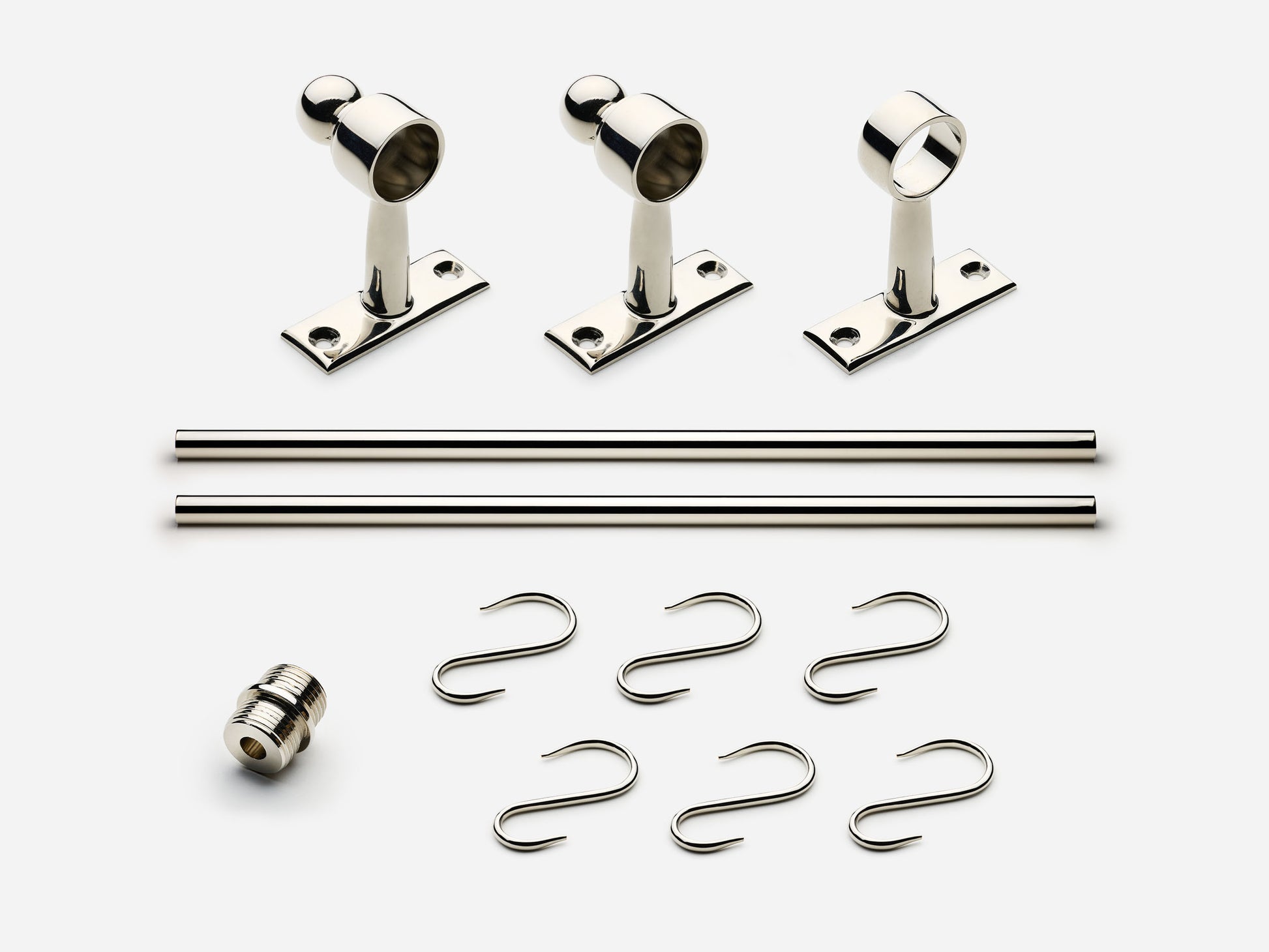 Solid brass Campaign hanging pot rail, 4 feet, in a polished nickel finish for kitchens.