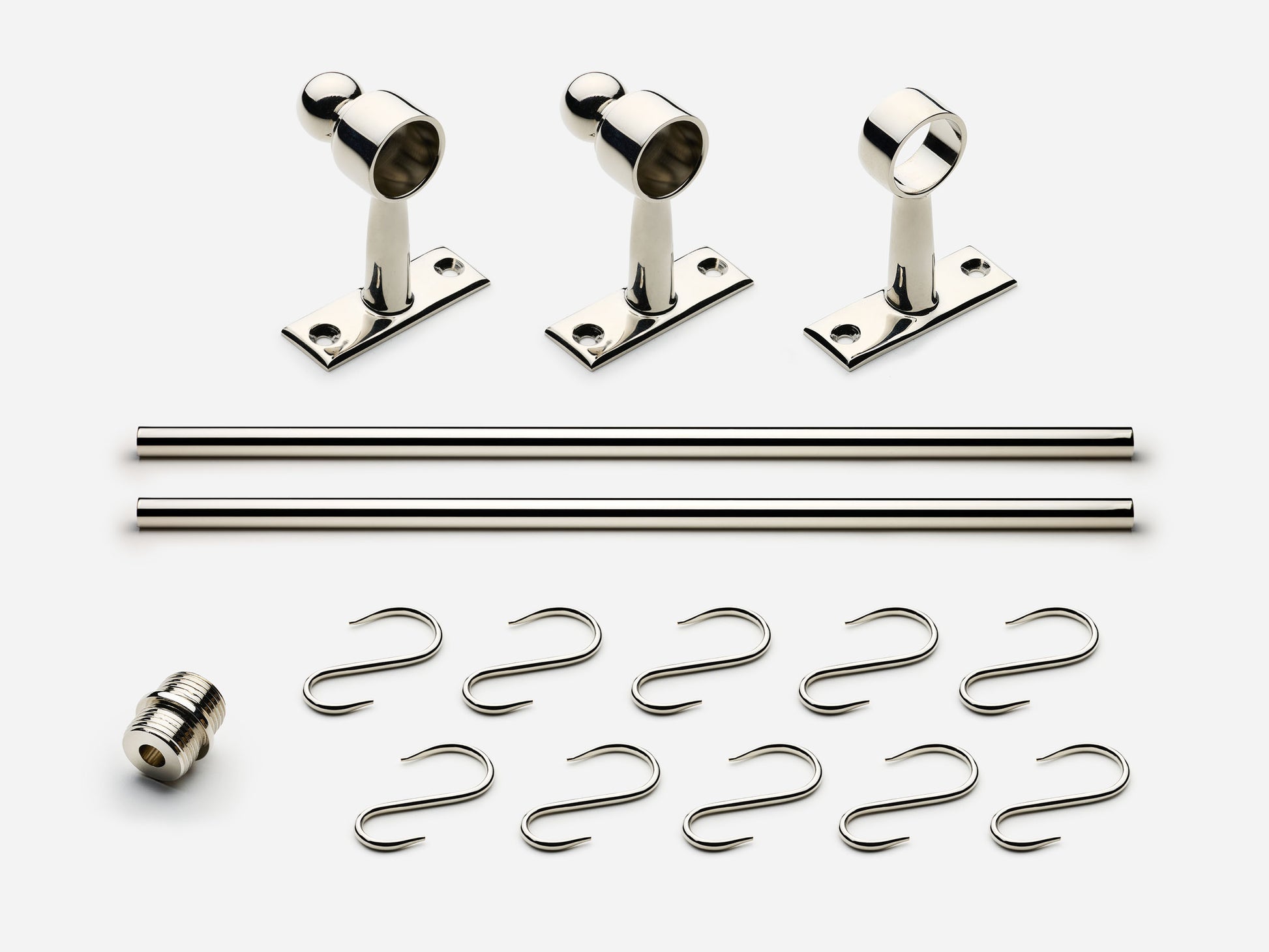 Solid brass Campaign hanging pot rail, 6 feet, in a polished nickel finish for kitchens.