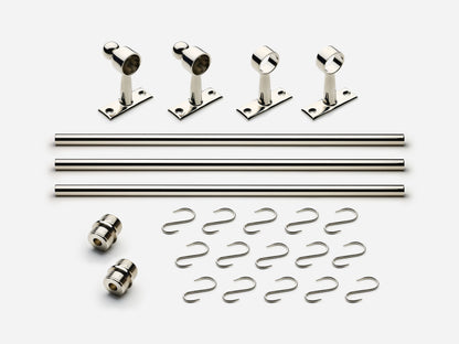 Solid brass Campaign hanging pot rail, 9 feet, in a polished nickel finish for kitchens.