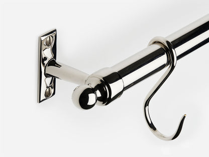 Solid brass Campaign hanging pot rail in a polished nickel finish for kitchens.