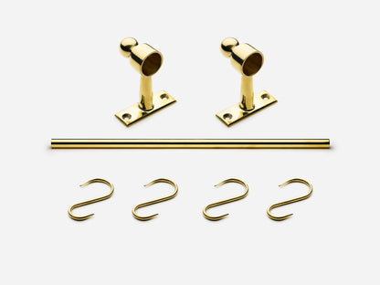 Solid brass Campaign hanging pot rail, 2 feet, in an unlacquered polished brass finish for kitchens.
