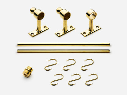 Solid brass Campaign hanging pot rail, 4 feet, in an unlacquered polished brass finish for kitchens.