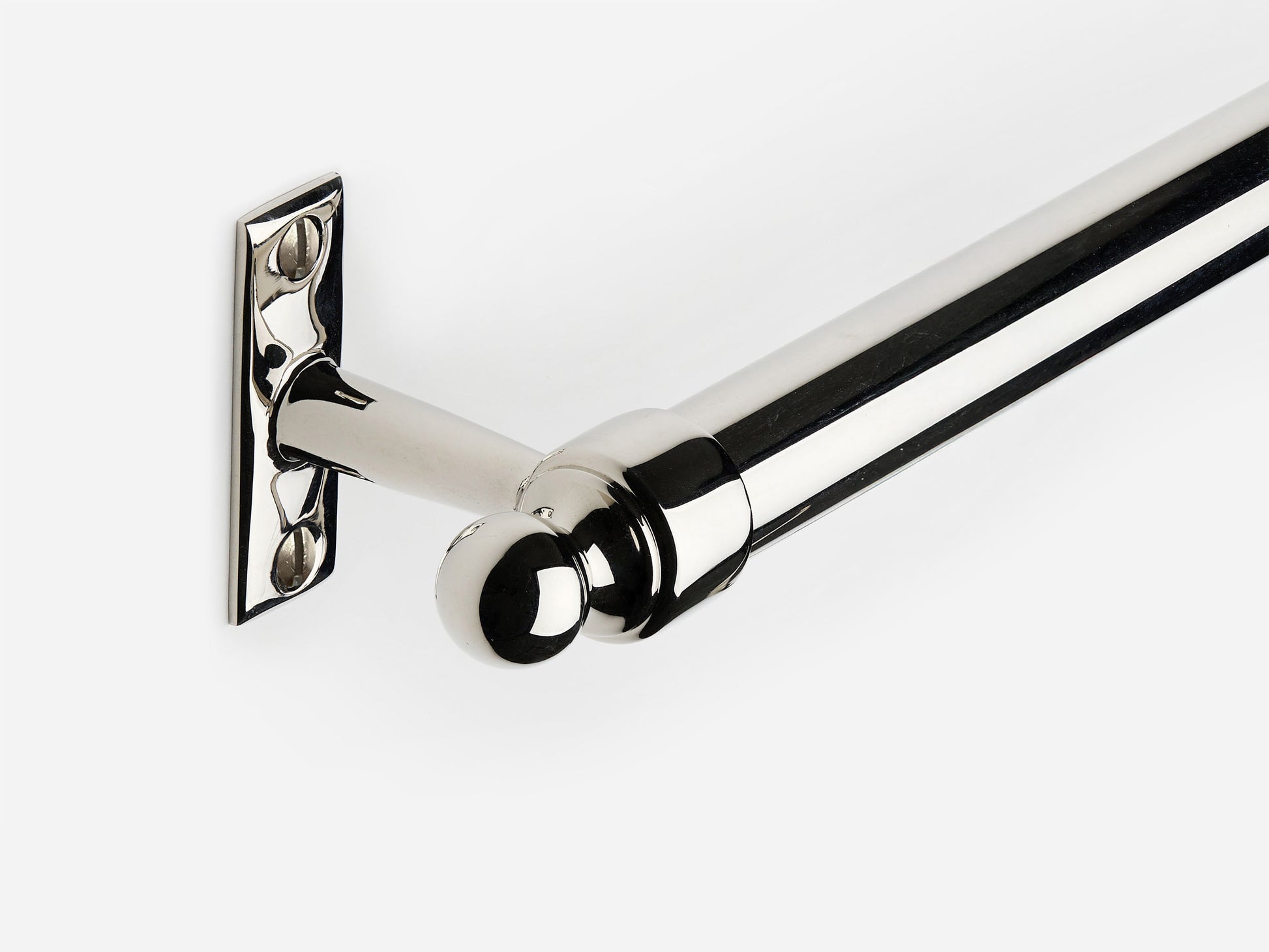 Solid brass Campaign towel bar in a polished nickel finish for kitchens and bathrooms.