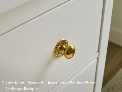 Solid brass Classic Knob, in unlacquered polished brass finish, on cabinets.