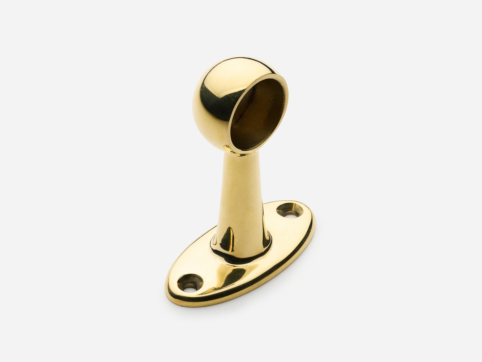 Solid brass Newark hanging pot rail end bracket in an unlacquered polished brass finish for kitchens.