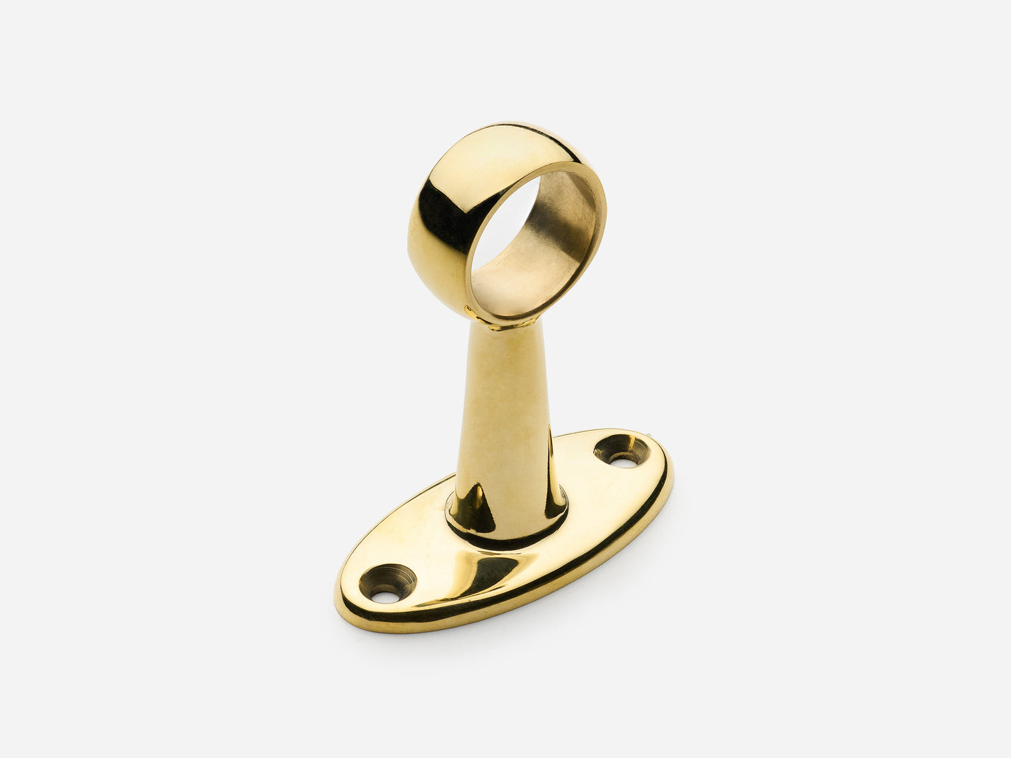 Solid brass Newark hanging pot rail middle bracket in an unlacquered polished brass finish for kitchens.