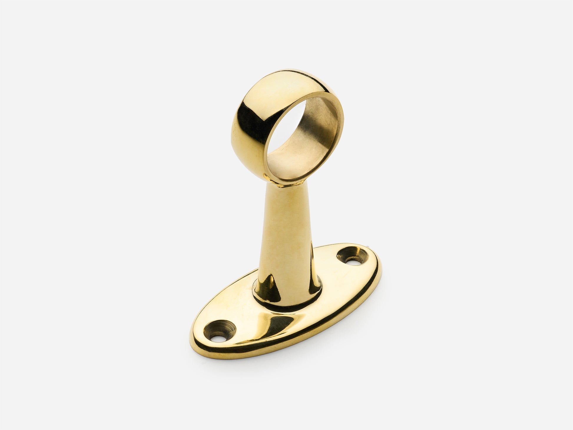 Solid brass Newark hanging pot rail middle bracket in an unlacquered polished brass finish for kitchens.