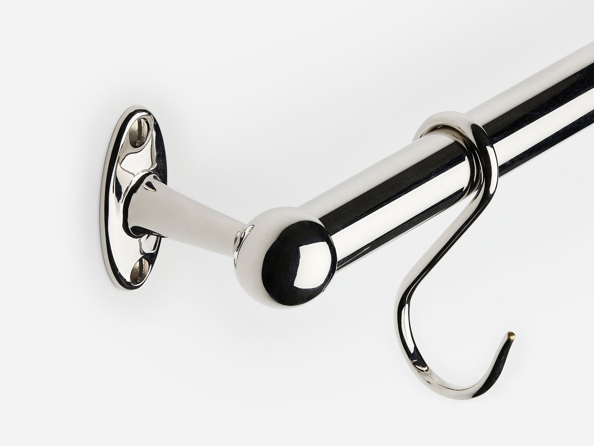 Solid brass Newark hanging pot rail in a polished nickel finish for kitchens.