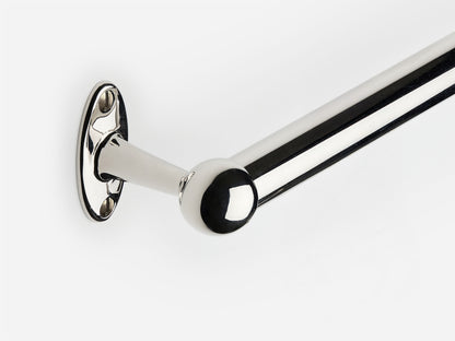 Solid brass Newark towel bar in a polished nickel finish for kitchens and bathrooms.