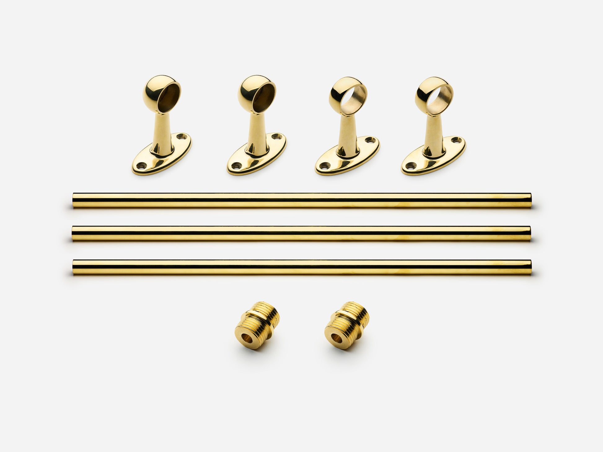 Solid brass Newark towel bar, 9 feet, in an unlacquered polished brass finish for kitchens and bathrooms.