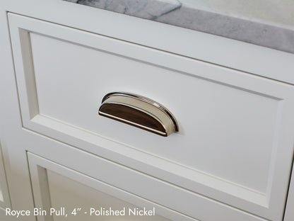 Solid brass Royce Bin Pull, in polished nickel, on kitchen cabinets.
