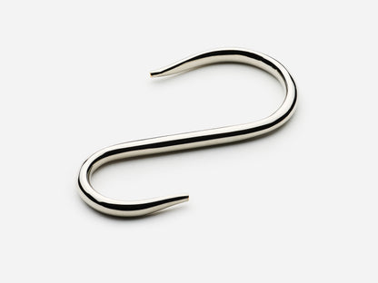 Solid brass S-hook for hanging pot rail in a polished nickel finish for kitchens.