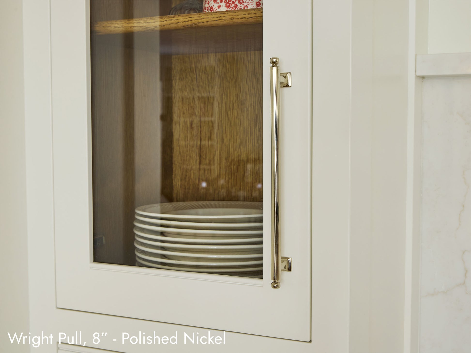 Solid brass Wright Pull, in polished nickel finish, on kitchen cabinets.